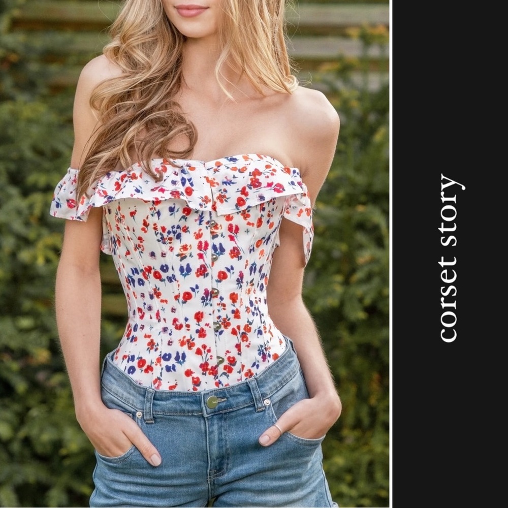 Corset Story Abstract Floral Ditsy Cotton Corset Top in White • UK8